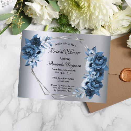 Bridal Shower Navy Blue Florals Silver  Post