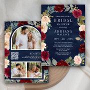 Burgundy Peach Floral Qr Code Navy Bridal Shower