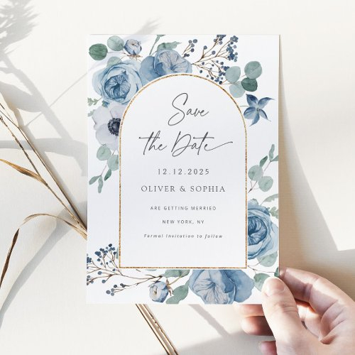 Dusty Blue Floral Gold Arch Save The Date