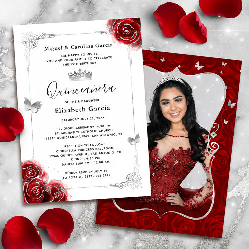 Elegant Floral Silver And Red Quinceanera Photo