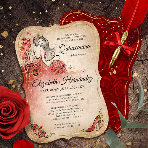Elegant Red And Gold Princess Quinceanera Birthday