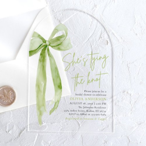 Green Bow She's Tying The Knot Arch Bridal Shower Acrylic