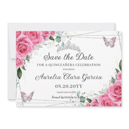 Pink Fuchsia Floral Silver Quinceanera Xv Sweet 16 Save The Date