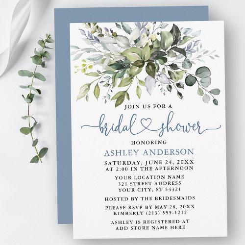 Watercolor Greenery Dusty Blue Heart Bridal Shower